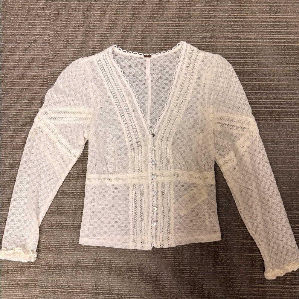 Free People Cream Lace Button Down Blouse Sz Extra Small
